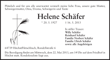 Traueranzeige von Helene Schäfer von Odenwälder Echo