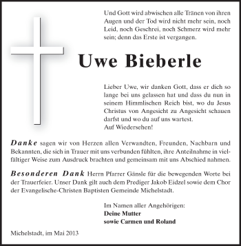 Traueranzeige von Uwe Bieberle von Odenwälder Echo