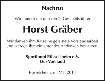 Traueranzeige von Horst Gräber von Rüsselsheimer Echo, Groß-Gerauer-Echo, Ried Echo