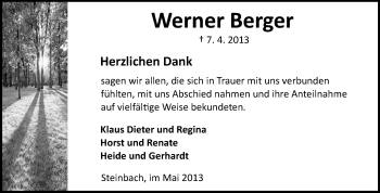 Traueranzeige von Werner Berger von Odenwälder Echo