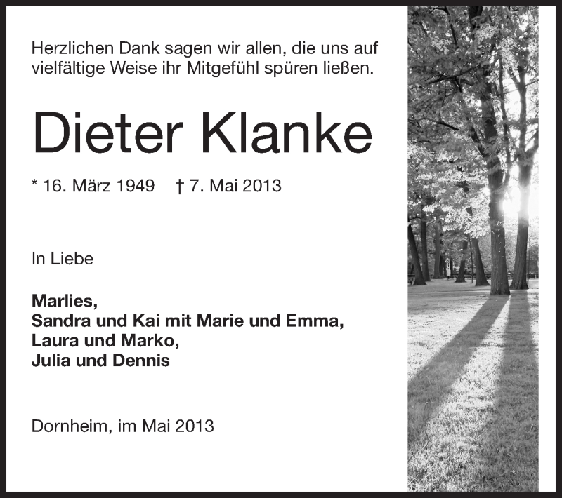  Traueranzeige für Dieter Klanke vom 25.05.2013 aus Echo-Zeitungen (Gesamtausgabe)