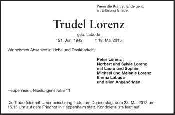 Traueranzeige von Trudel Lorenz von Starkenburger Echo