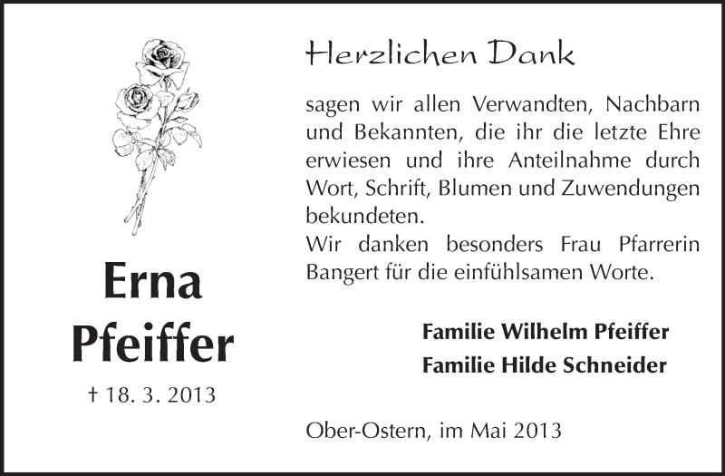  Traueranzeige für Erna Pfeiffer vom 18.05.2013 aus Odenwälder Echo