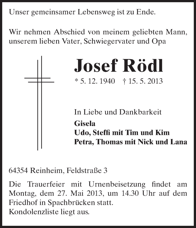  Traueranzeige für Josef Rödl vom 22.05.2013 aus Echo-Zeitungen (Gesamtausgabe)
