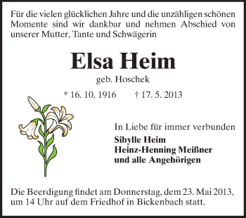 Traueranzeige von Elsa Heim von Echo-Zeitungen (Gesamtausgabe)