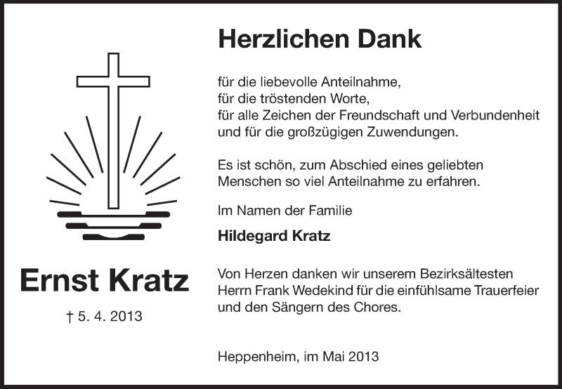  Traueranzeige für Ernst Kratz vom 25.05.2013 aus Starkenburger Echo