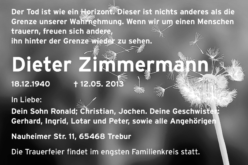  Traueranzeige für Dieter Zimmermann vom 21.05.2013 aus Rüsselsheimer Echo, Groß-Gerauer-Echo, Ried Echo