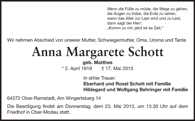  Traueranzeige für Anna Margarete Schott vom 21.05.2013 aus Echo-Zeitungen (Gesamtausgabe)