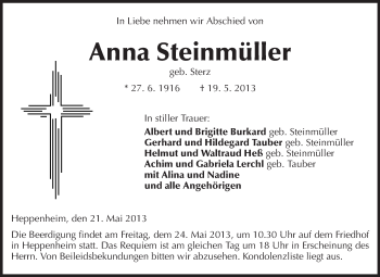 Traueranzeige von Anna Steinmüller von Starkenburger Echo