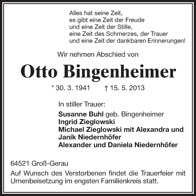  Traueranzeige für Otto Bingenheimer vom 22.05.2013 aus Rüsselsheimer Echo, Groß-Gerauer-Echo, Ried Echo