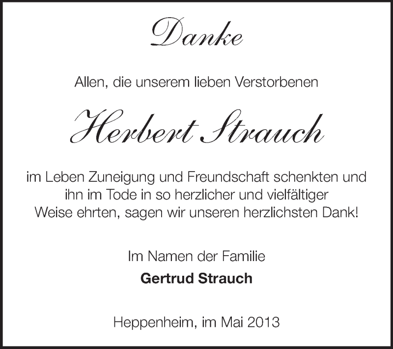  Traueranzeige für Herbert Strauch vom 22.05.2013 aus Starkenburger Echo