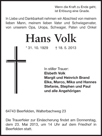 Traueranzeige von Hans Volk von Odenwälder Echo