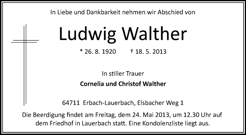  Traueranzeige für Ludwig Walther vom 22.05.2013 aus Odenwälder Echo