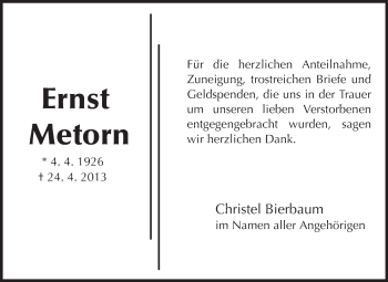 Traueranzeige von Ernst Metorn von Rüsselsheimer Echo, Groß-Gerauer-Echo, Ried Echo