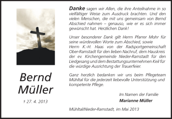 Traueranzeige von Bernd Müller von Echo-Zeitungen (Gesamtausgabe)