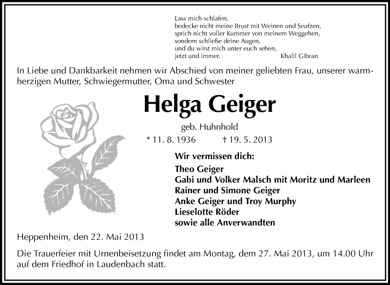  Traueranzeige für Helga Geiger vom 22.05.2013 aus Starkenburger Echo