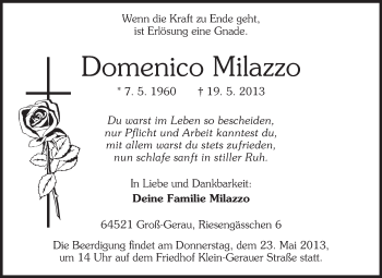 Traueranzeige von Domenico Milazzo von Rüsselsheimer Echo, Groß-Gerauer-Echo, Ried Echo