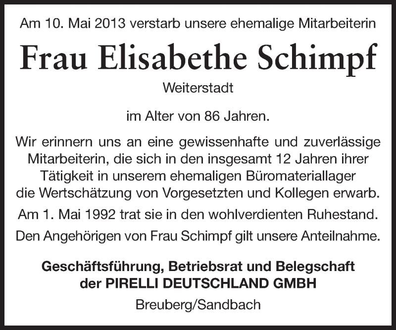  Traueranzeige für Elisabeth Schimpf vom 23.05.2013 aus Odenwälder Echo