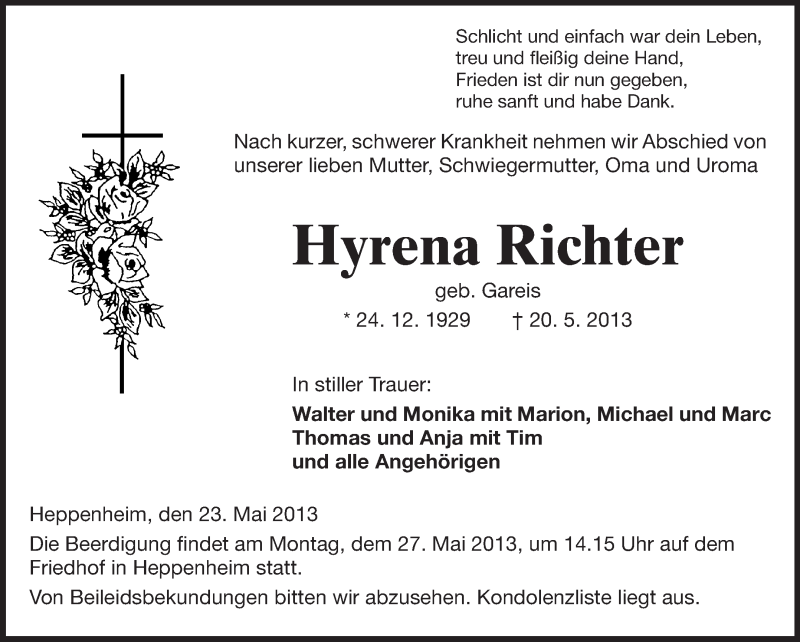  Traueranzeige für Hyrena Richter vom 23.05.2013 aus Starkenburger Echo