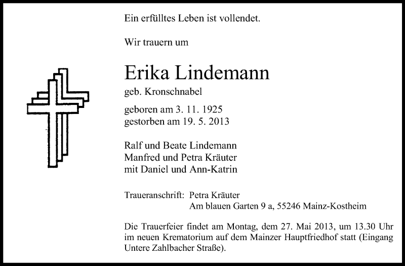  Traueranzeige für Erika Lindemann vom 24.05.2013 aus Echo-Zeitungen (Gesamtausgabe)