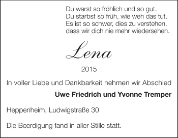 Traueranzeige von Lena  von Starkenburger Echo