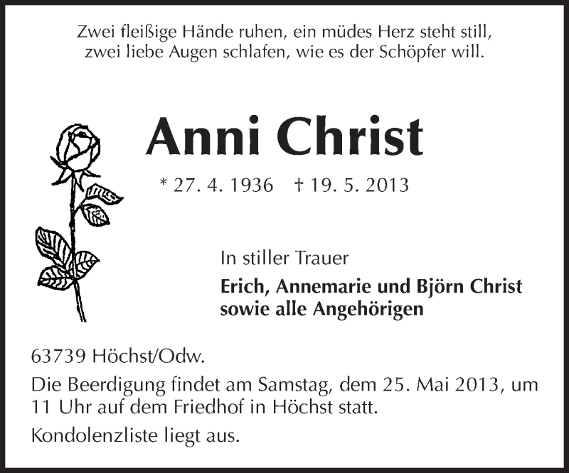  Traueranzeige für Anni Christ vom 23.05.2013 aus Odenwälder Echo