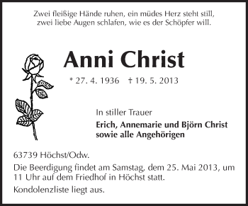 Traueranzeige von Anni Christ von Odenwälder Echo