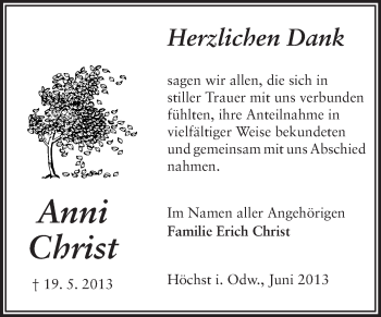 Traueranzeige von Anni Christ von Odenwälder Echo