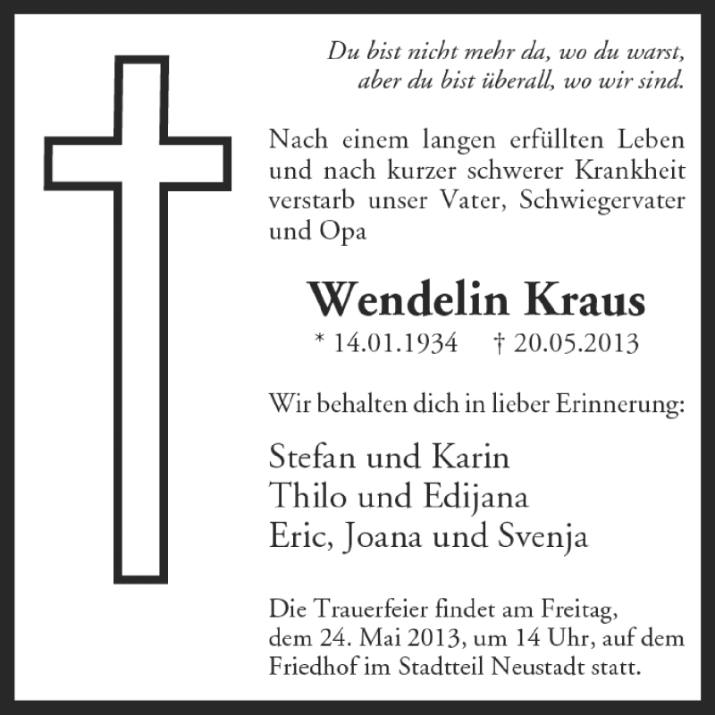 Traueranzeige für Wendelin Kraus vom 23.05.2013 aus Odenwälder Echo