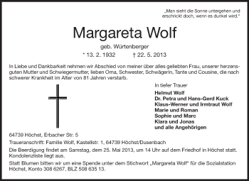 Traueranzeige von Margareta Wolf von Echo-Zeitungen (Gesamtausgabe)