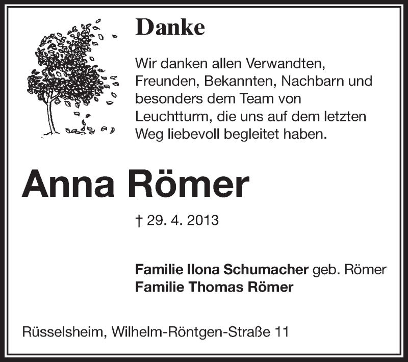  Traueranzeige für Anna Römer vom 25.05.2013 aus Rüsselsheimer Echo, Groß-Gerauer-Echo, Ried Echo