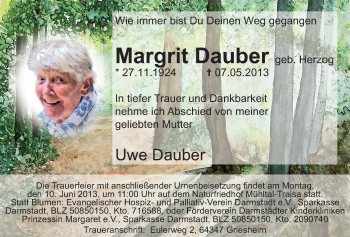 Traueranzeige von Margrit Dauber von Echo-Zeitungen (Gesamtausgabe)