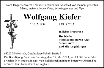 Traueranzeige von Wolfgang Kiefer von Odenwälder Echo