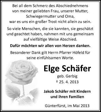 Traueranzeige von Elge Schäfer von Odenwälder Echo