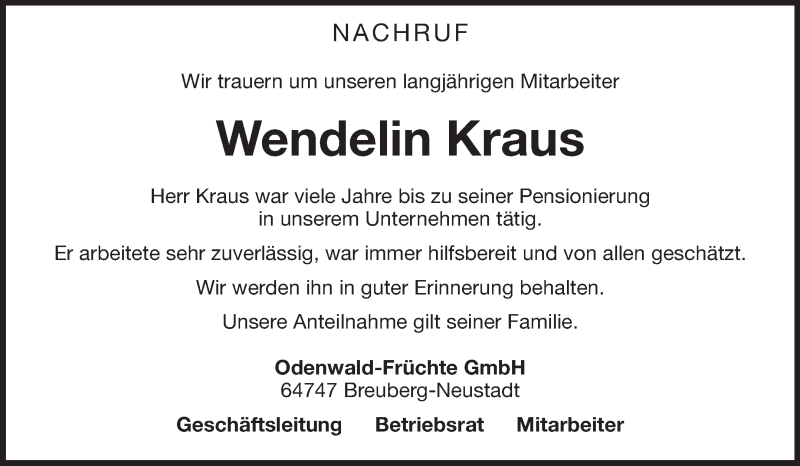  Traueranzeige für Wendelin Kraus vom 24.05.2013 aus Odenwälder Echo