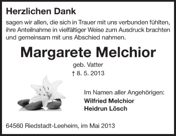 Traueranzeige von Margarete Melchior von Rüsselsheimer Echo, Groß-Gerauer-Echo, Ried Echo