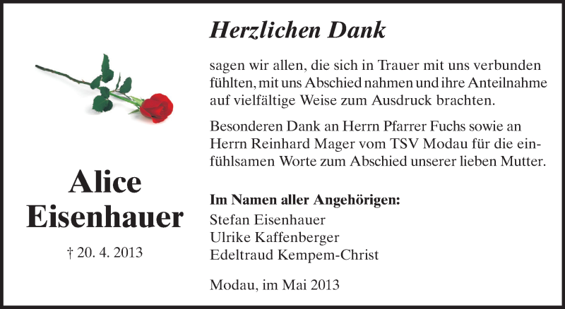  Traueranzeige für Alice Eisenhauer vom 25.05.2013 aus Echo-Zeitungen (Gesamtausgabe)