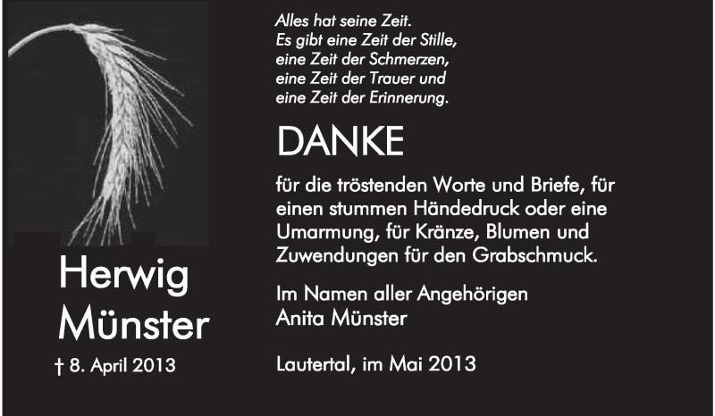  Traueranzeige für Herwig Münster vom 25.05.2013 aus Echo-Zeitungen (Gesamtausgabe)