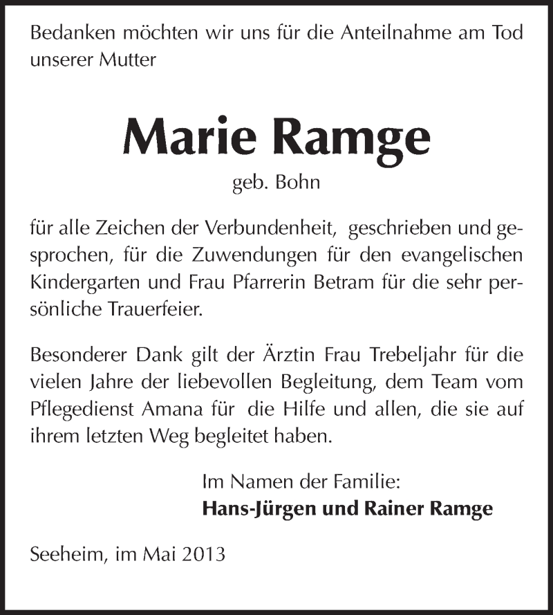  Traueranzeige für Marie Ramge vom 25.05.2013 aus Echo-Zeitungen (Gesamtausgabe)