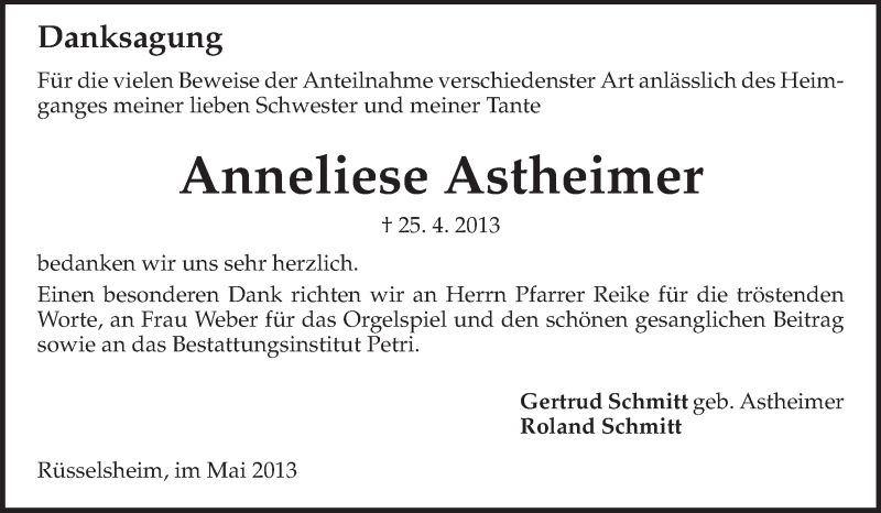  Traueranzeige für Anneliese Astheimer vom 25.05.2013 aus Rüsselsheimer Echo, Groß-Gerauer-Echo, Ried Echo