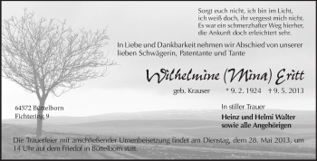 Traueranzeige von Wilhelmine Eritt von Rüsselsheimer Echo, Groß-Gerauer-Echo, Ried Echo