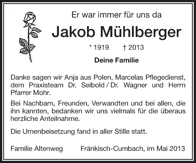  Traueranzeige für Jakob Mühlberger vom 25.05.2013 aus Odenwälder Echo
