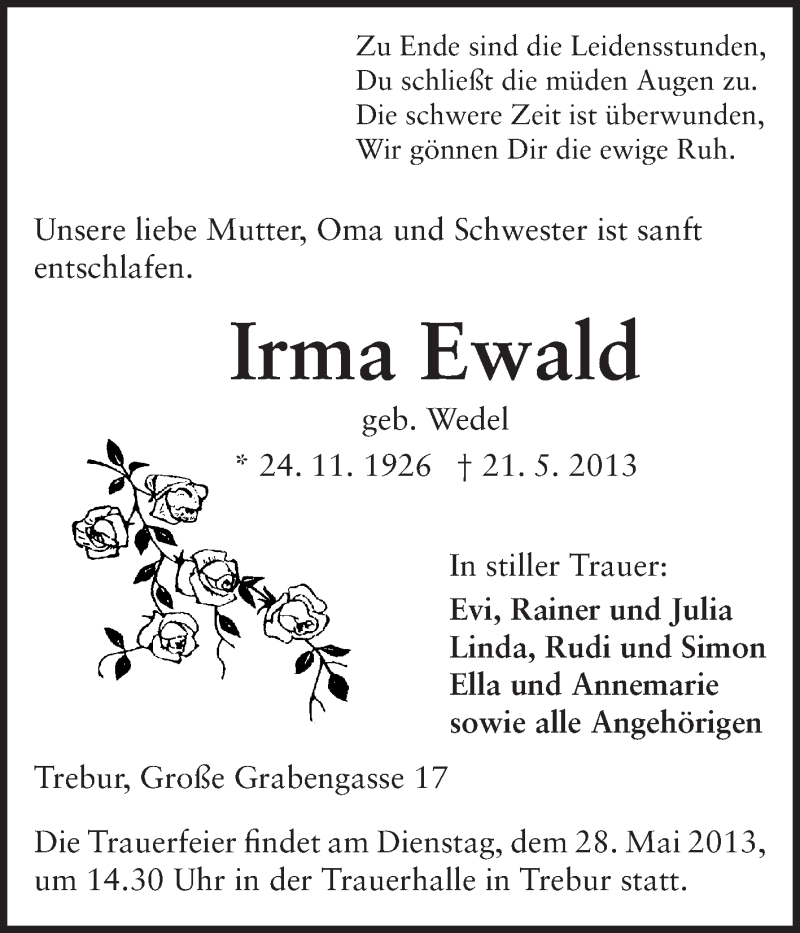  Traueranzeige für Irma Ewald vom 25.05.2013 aus Rüsselsheimer Echo, Groß-Gerauer-Echo, Ried Echo