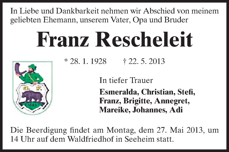  Traueranzeige für Franz Rescheleit vom 25.05.2013 aus Echo-Zeitungen (Gesamtausgabe)