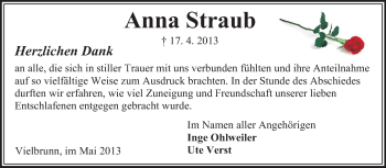Traueranzeige von Anna Straub von Odenwälder Echo