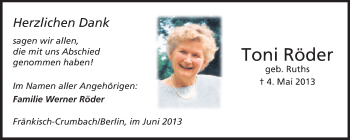 Traueranzeige von Toni Röder von Echo-Zeitungen (Gesamtausgabe)