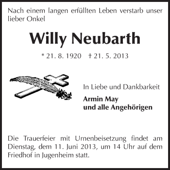 Traueranzeige von Willy Neubarth von Echo-Zeitungen (Gesamtausgabe)