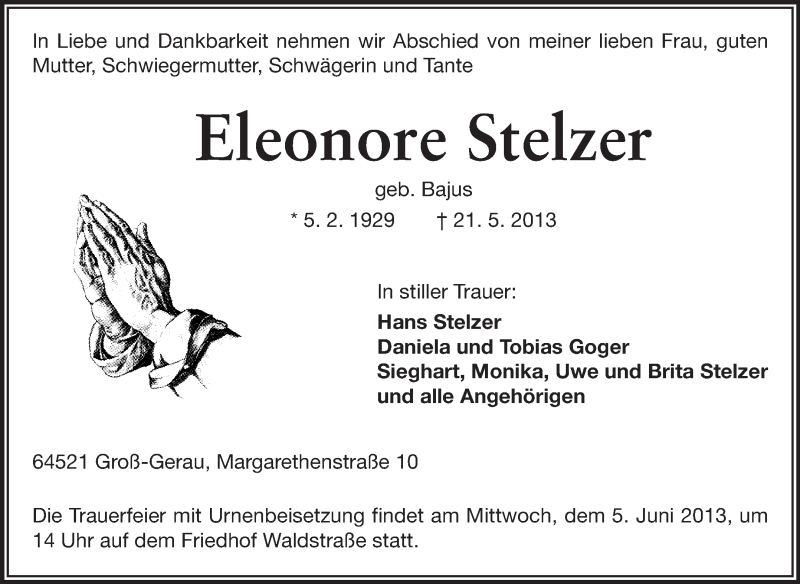 Traueranzeige für Eleonore Stelzer vom 31.05.2013 aus Rüsselsheimer Echo, Groß-Gerauer-Echo, Ried Echo