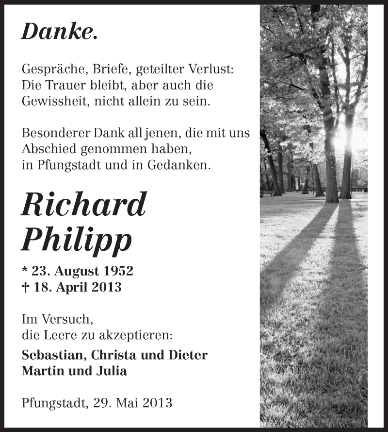  Traueranzeige für Richard Philipp vom 29.05.2013 aus Echo-Zeitungen (Gesamtausgabe)