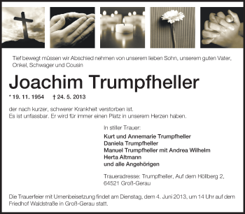 Traueranzeige von Joachim Trumpfheller von Rüsselsheimer Echo, Groß-Gerauer-Echo, Ried Echo